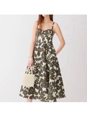 J. Crew Olive A Line Leafy Floral Taffeta Dress